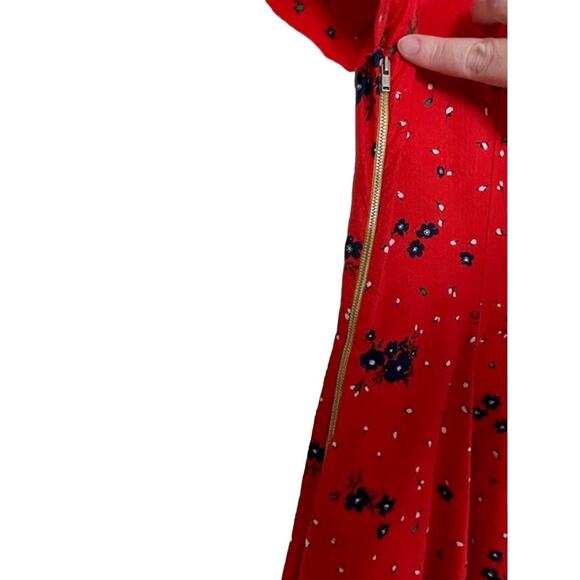 Band Of Outsiders Twee Red Mini Dress Blue Floral Print Cotton V Neck Full Skirt - Picture 9 of 13